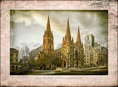 City scene with large cathedral.